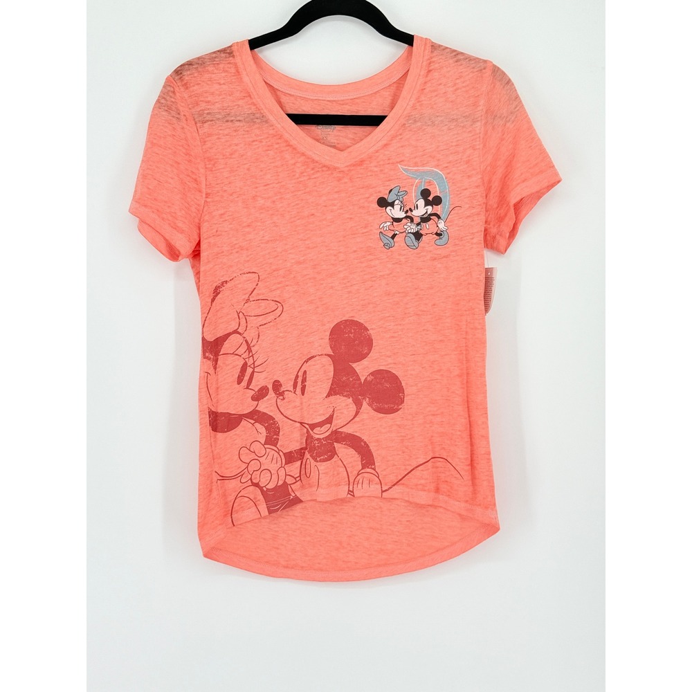 Disney New Park Y2k Baby Tee Mickey Minnie Mouse Coral Fitted V-Neck T-Shirt XS - Picture 2 of 10
